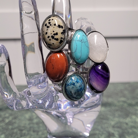 Multi-Variety Stone Silver Stainless Steel Rings Size 7-8 - Picture 2 of 16